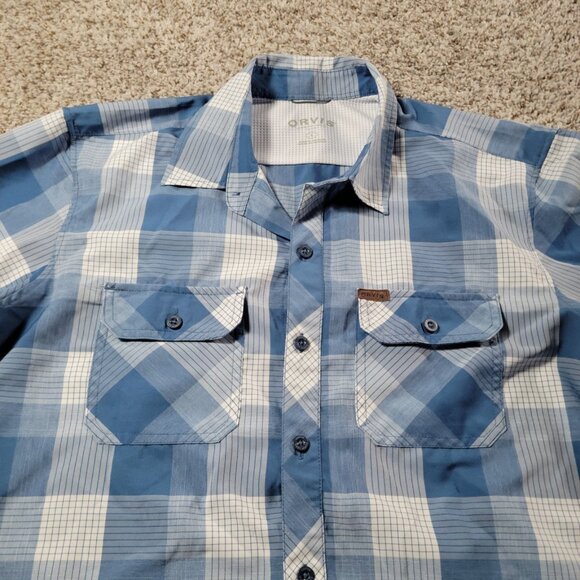 Orvis Shirt Mens Large Blue Short Sleeve Button Up Polyester Hiking Camp Plaid - Picture 3 of 7